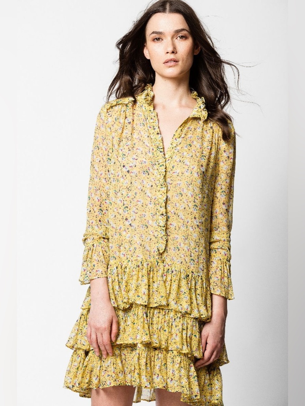 Zadig and Voltaire Yellow Floral Ruffle Tiered Dress